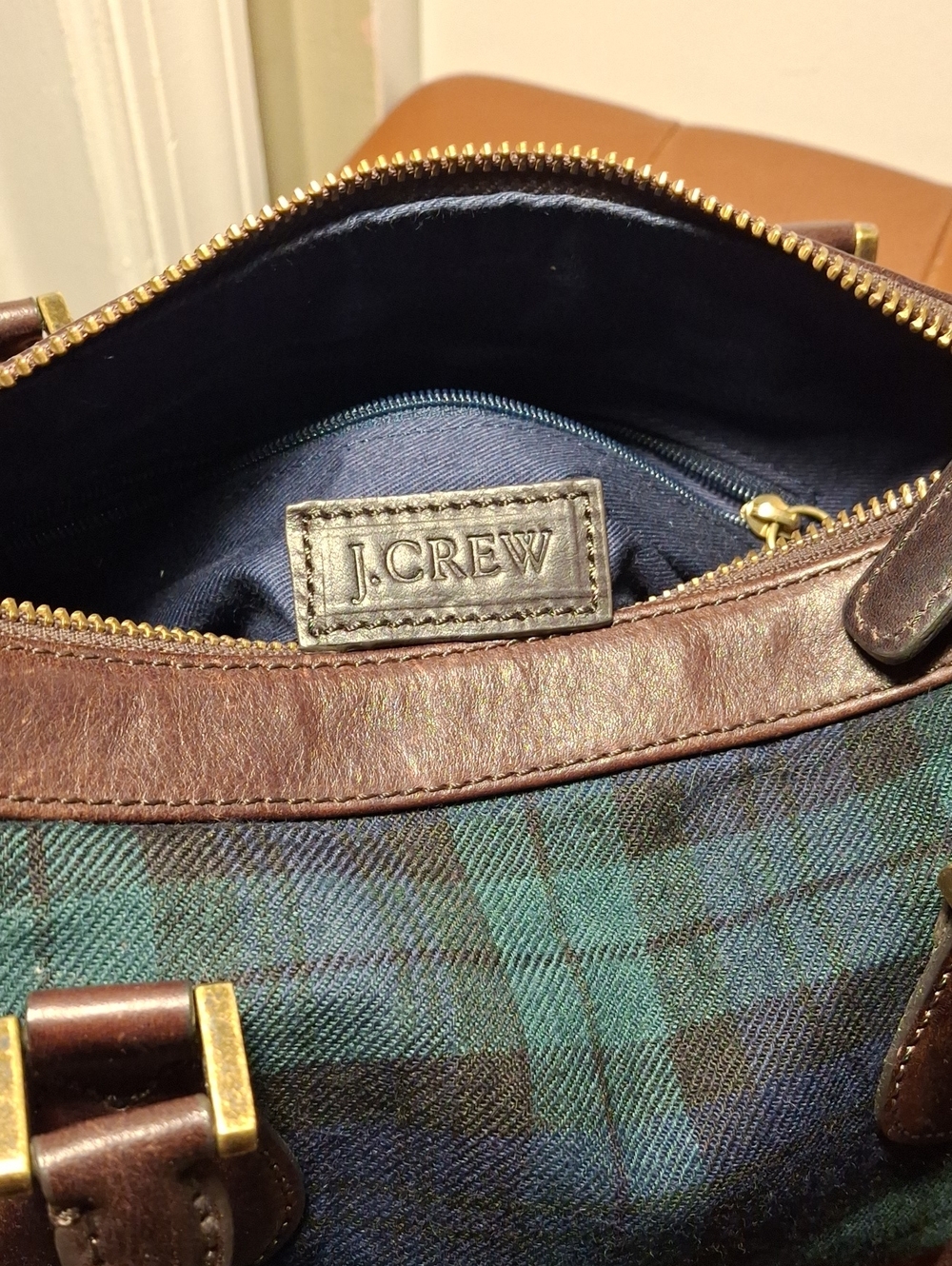 J.Crew Brown Leather-Trim Green Plaid Men’s Weekender Bag - Picture 5 of 9